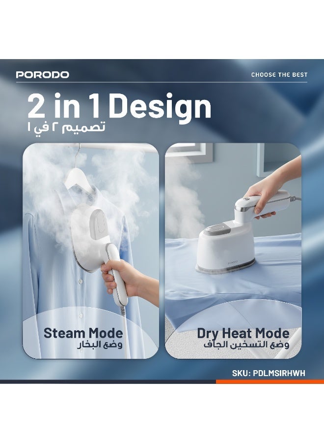 porodo Compact Portable Steam & Heat Iron with Rotating Handle for travel with 120ml Water Tank Capacity/ Ceramic Soleplate / Handheld Steam / Flat Iron Dry & Wet / Garment Steamer 1100W - White - Image 4